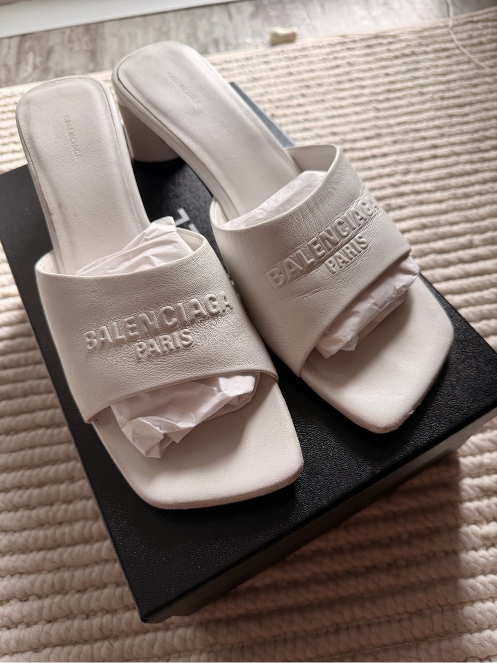 Balenciaga White Embossed Leather Slide Mules